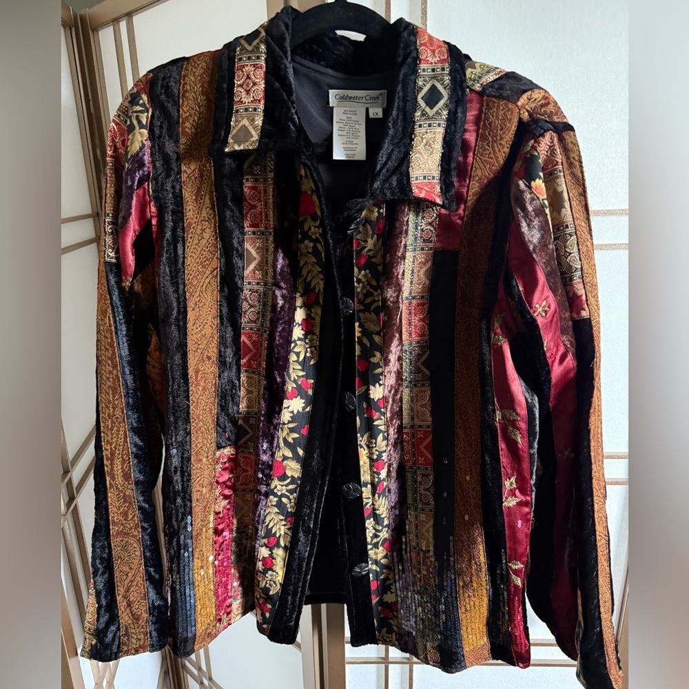 VINTAGE Coldwater Creek Black & Red Blazer Velvet Textile - RARE! Women’s 1X